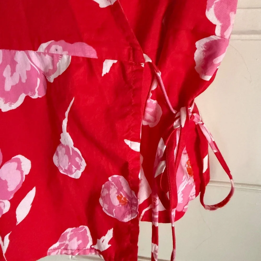 Old Navy Floral Puff Sleeve Cotton Wrap Top Peplum Blouse Red Pink XL Dopamine